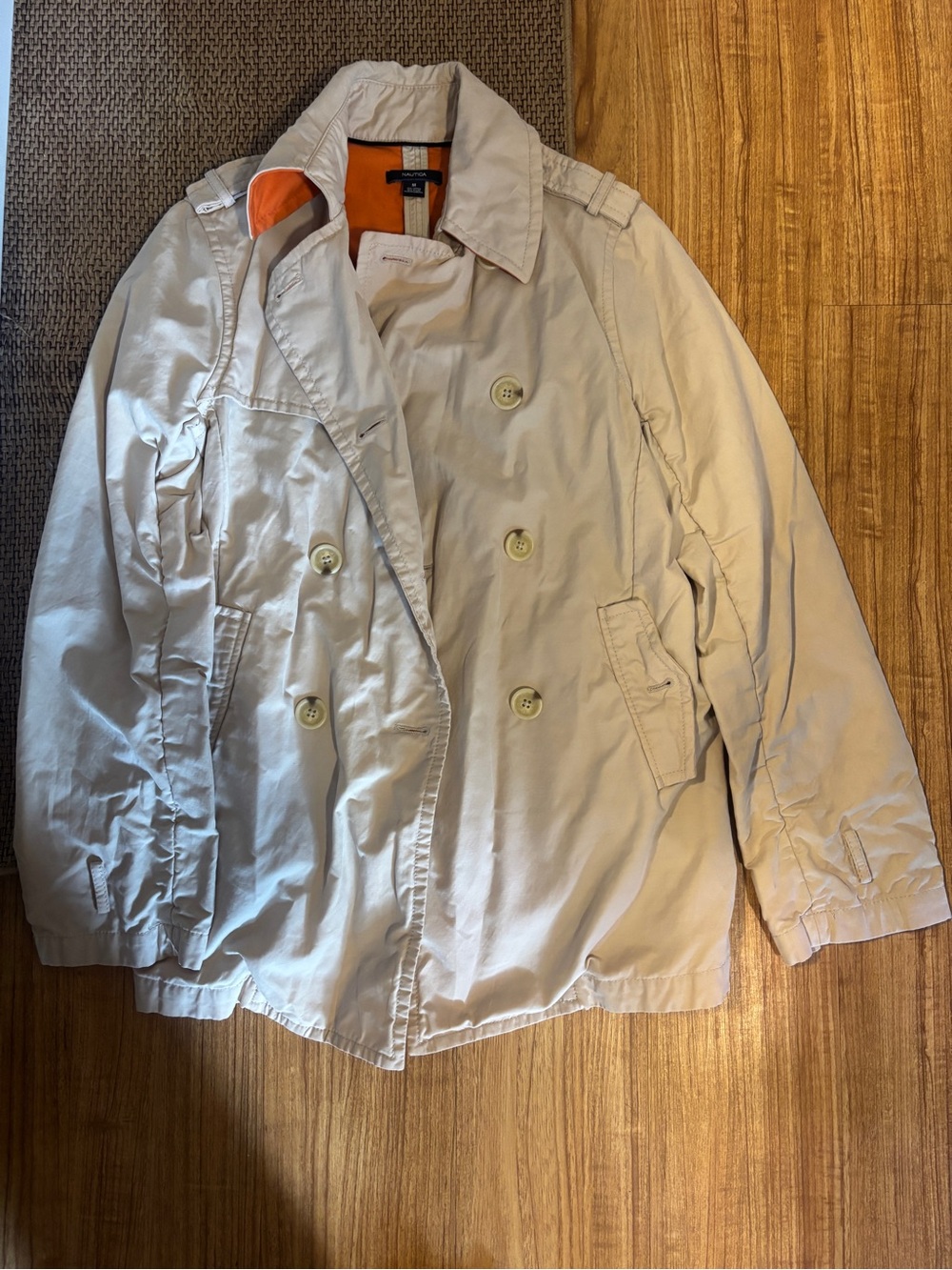 Nautica Beige Double-Breasted Trench Jacket with Orange Lining